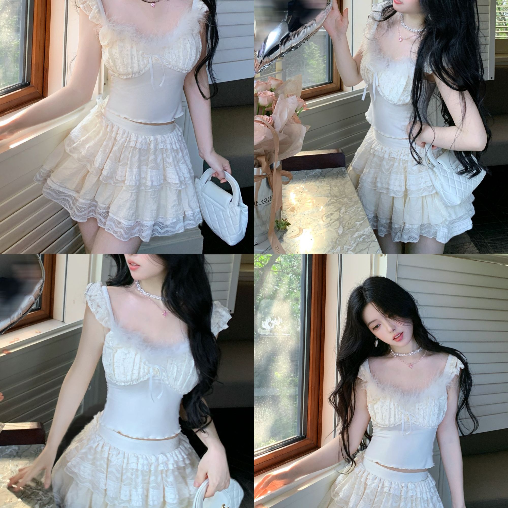 Blovelan云朵蕾蕾 少女温柔风吊带上衣+蕾丝拼接蛋糕高腰半身裙