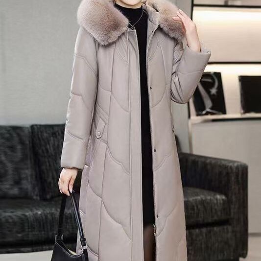 日光岛屿海宁真皮皮衣2025秋冬新款棉服女过膝长款加厚中年妈妈绵