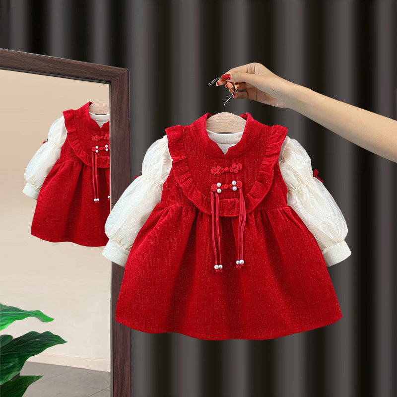 女童冬装连衣裙加绒生日婴儿童一周岁秋冬季女宝宝裙子国风公主裙
