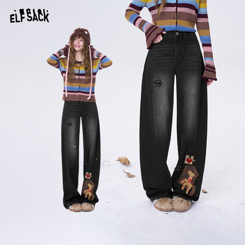 妖精的口袋趣味贴布绣黑色弯刀牛仔裤2025冬高腰直筒裤子25409042