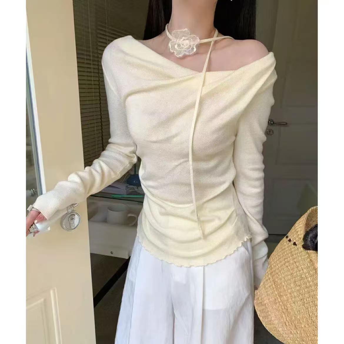 605#【无配饰】气质显瘦百搭长袖设计感针织衫上衣【D1-3