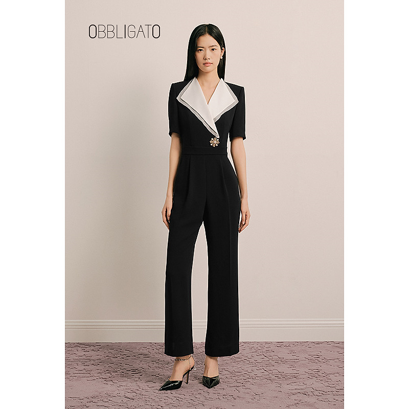 OBBLIGATO奥丽嘉朵2025夏季1C35202100新品撞色绣花扣收腰连体服