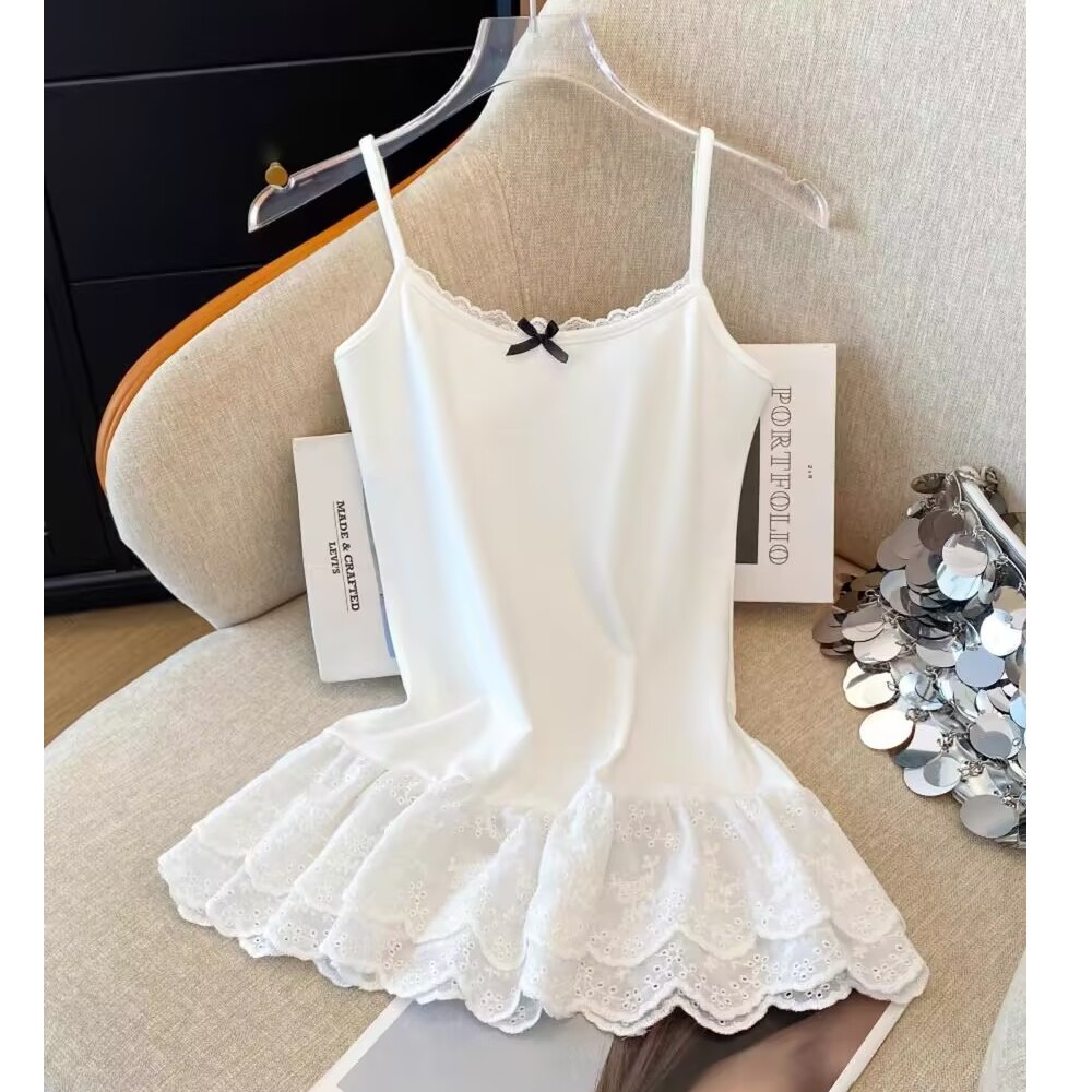 芭蕾风白色蝴蝶结吊带背心女春夏季蕾丝花边下摆修身叠穿内搭上衣
