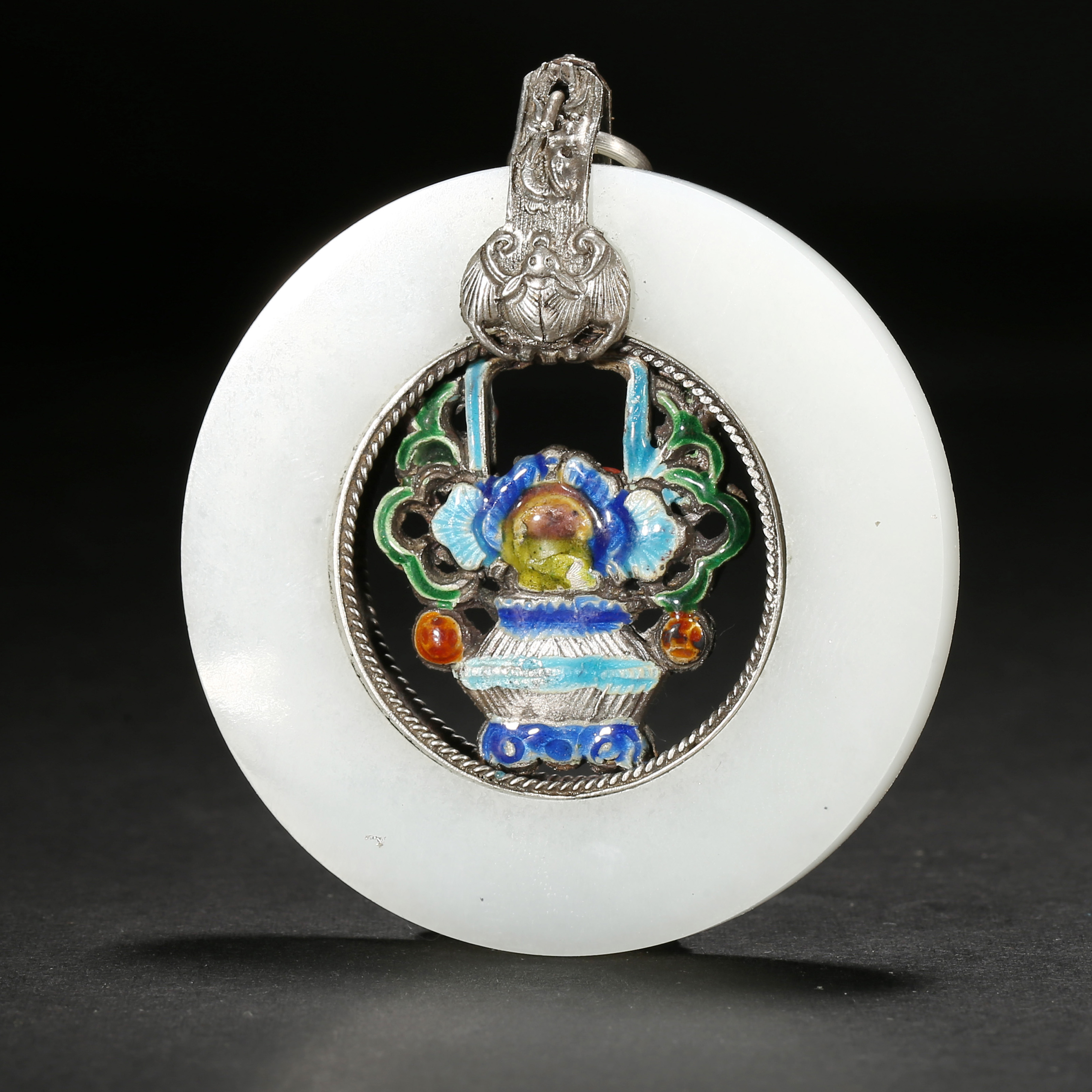 清代*内嵌银烧蓝白玉环/16ALJ2129/和田玉【北京文博】