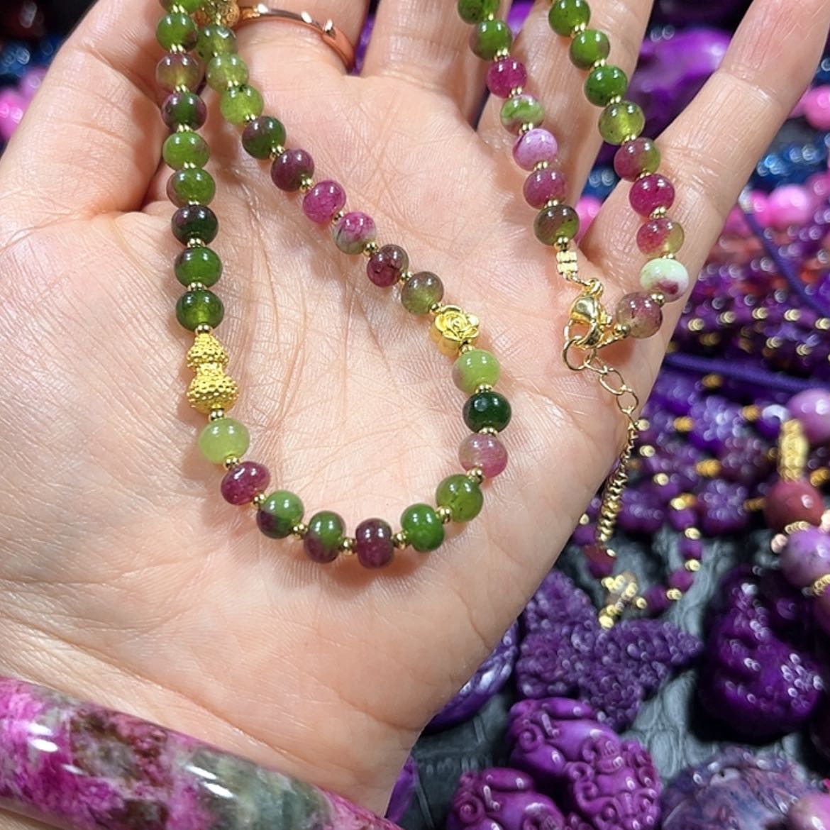 【闪购商品】琉璃颈饰舒具石老油料37苹果珠丝绒玉华透锁骨链