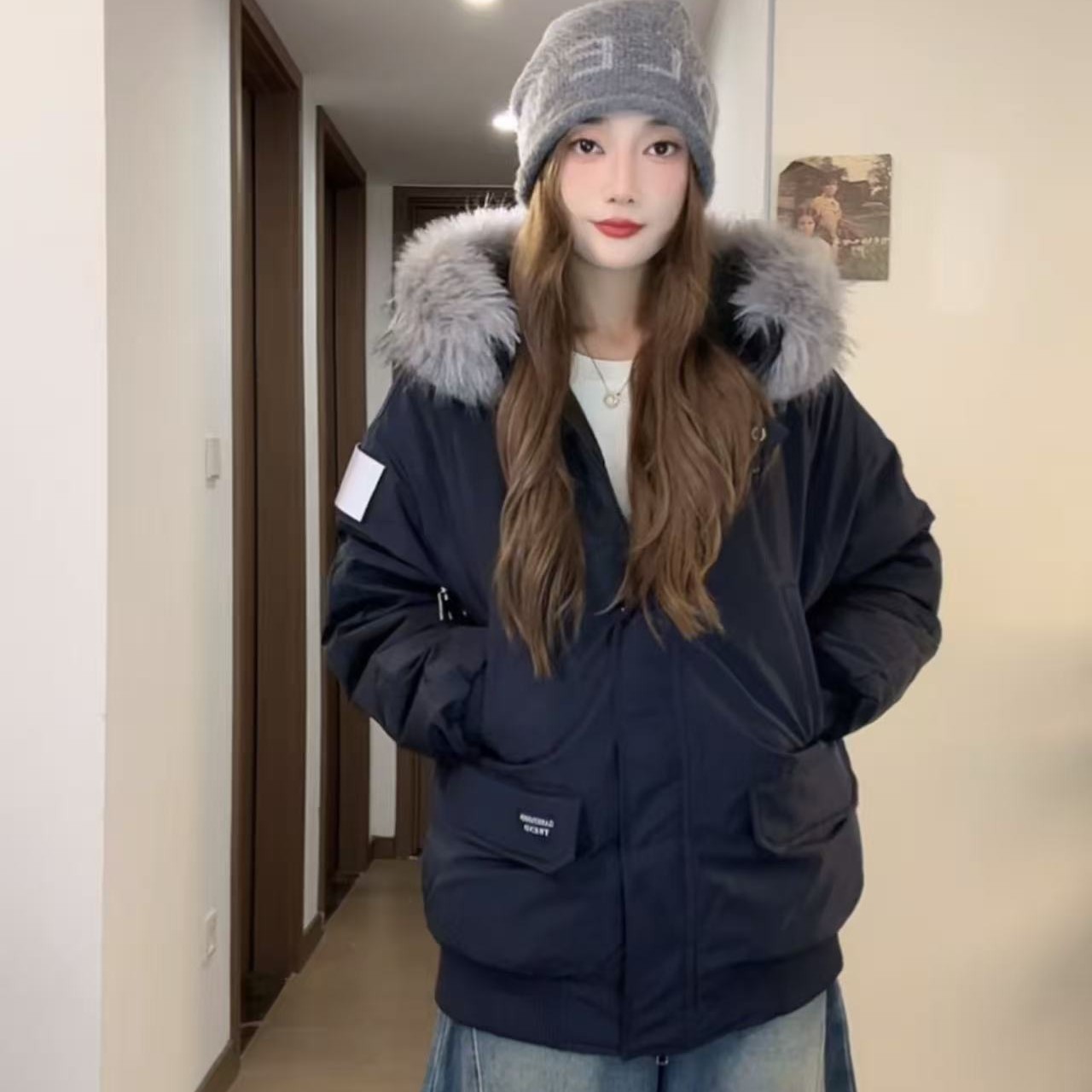 工装羽绒棉服女2025新款冬季大毛领加厚面包服韩系派克服棉袄外套