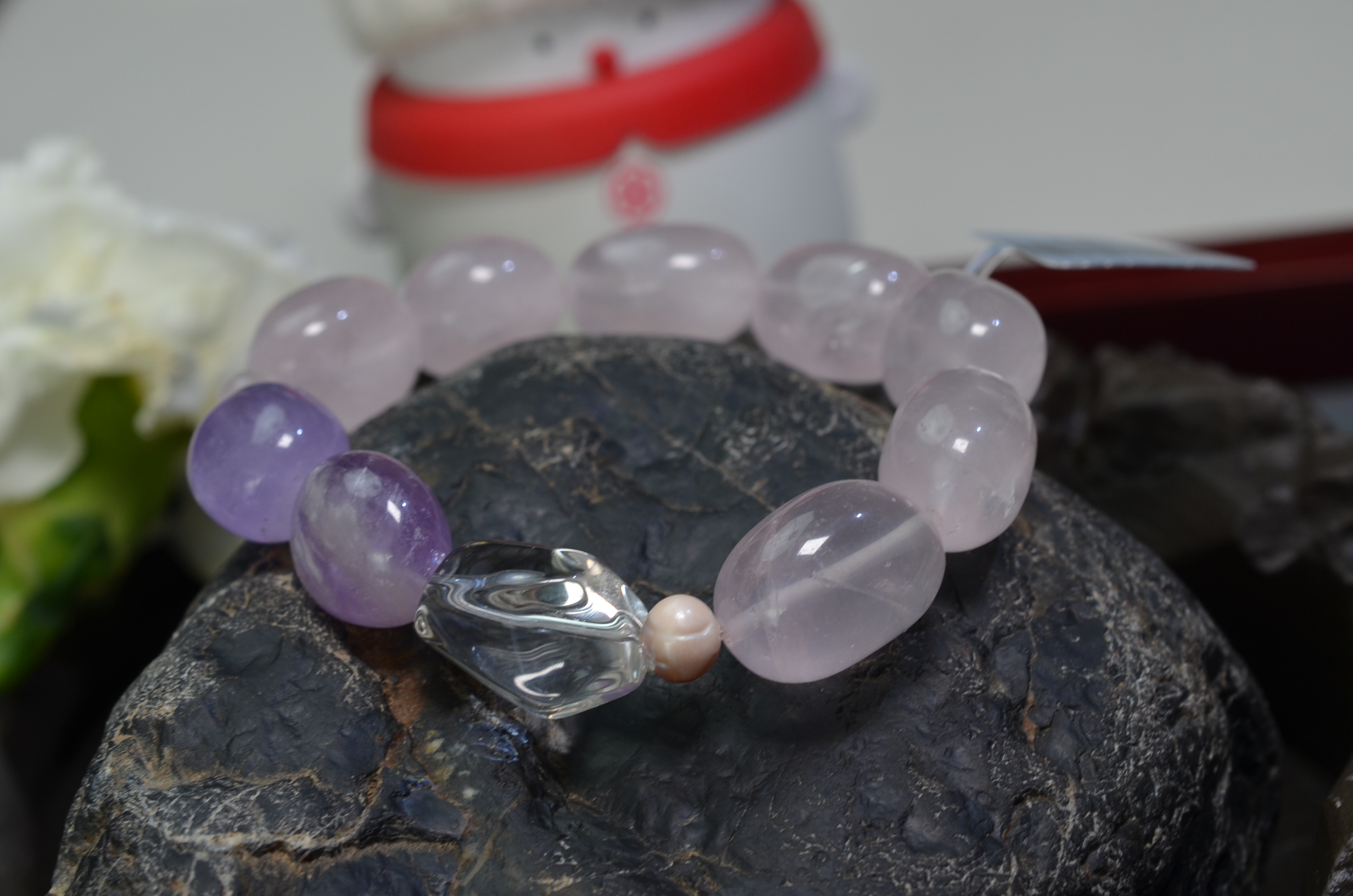 64【九紫离火】天然星光粉水晶手链 白/紫水晶珍珠手串 约15*19MM