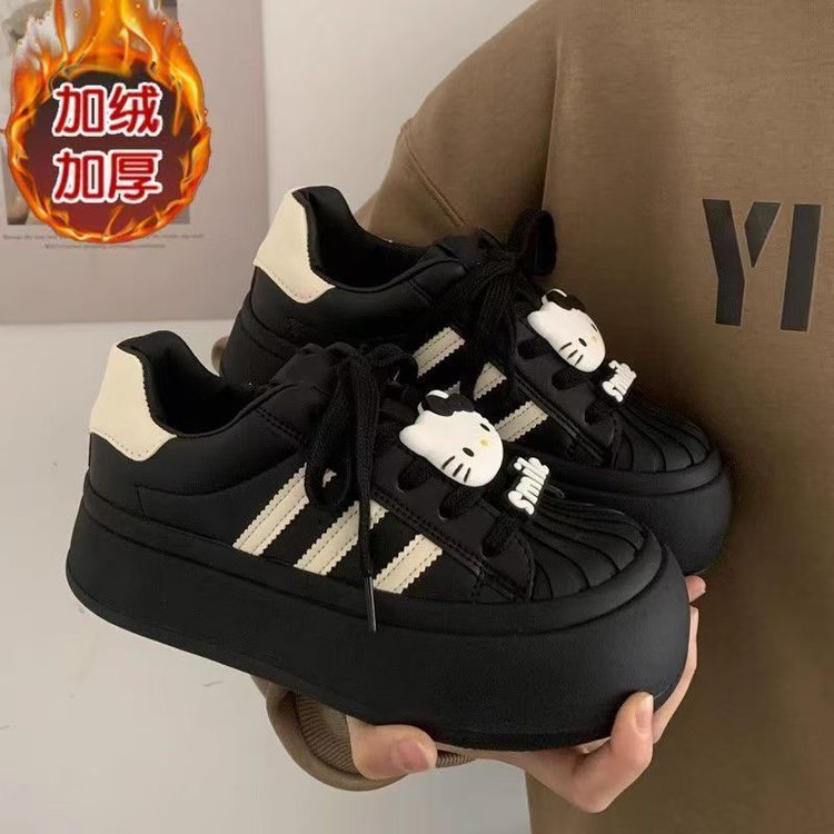 阿童木加绒女童大头小白鞋子厚底增高秋冬季中学生百搭休闲板鞋潮