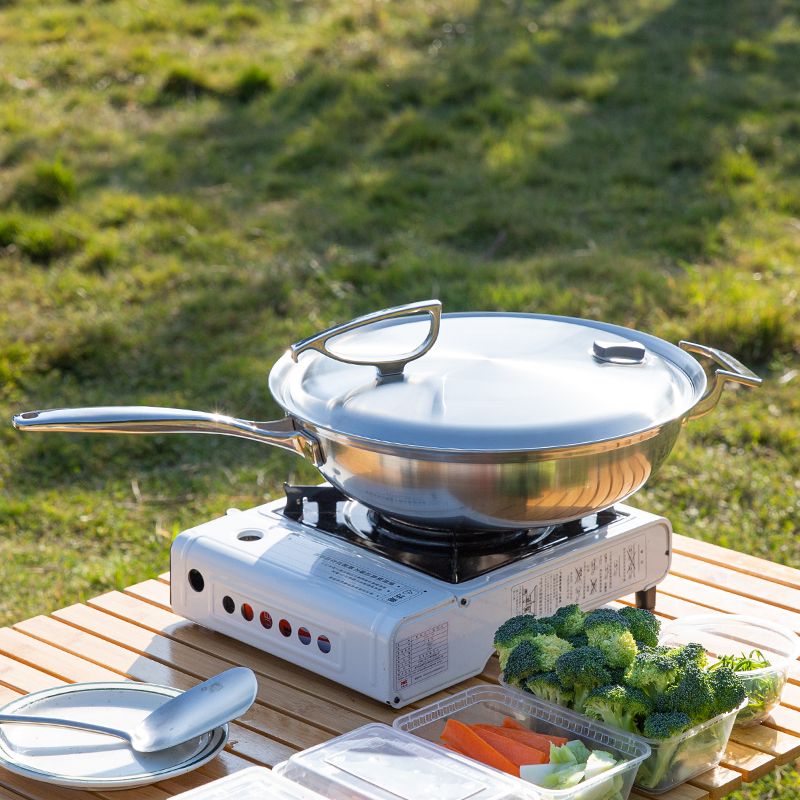 百灵鸟系列18-10不锈钢32cm大炒锅家用单柄无涂层厚实烙饼圆底