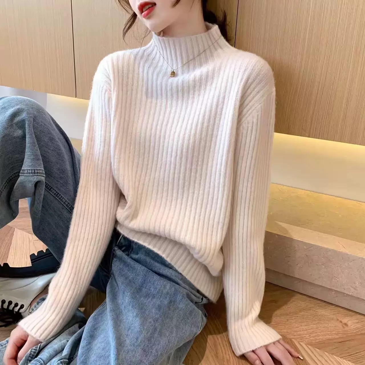 24新款春秋冬一线成衣毛衫女半高领坑条软糯毛衣宽松针织打底衫