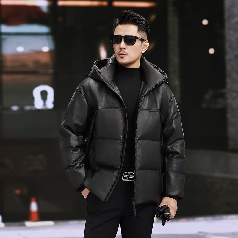 VM6817头层牛皮真皮皮衣男羽绒服短款可脱卸帽外套冬季