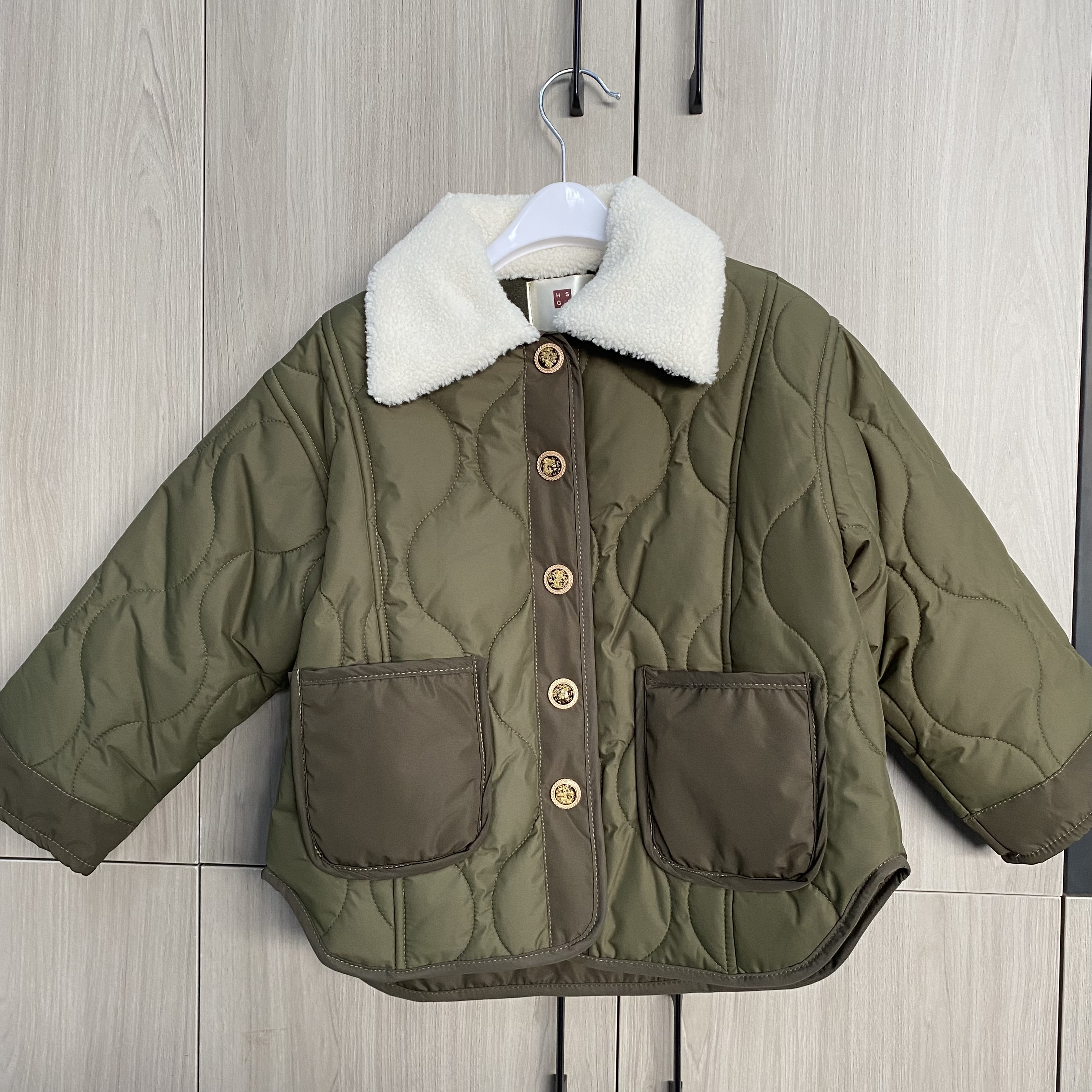 儿童秋冬翻领棉袄绿色纯色时尚休闲棉衣棉服韩版冬季夹棉加厚