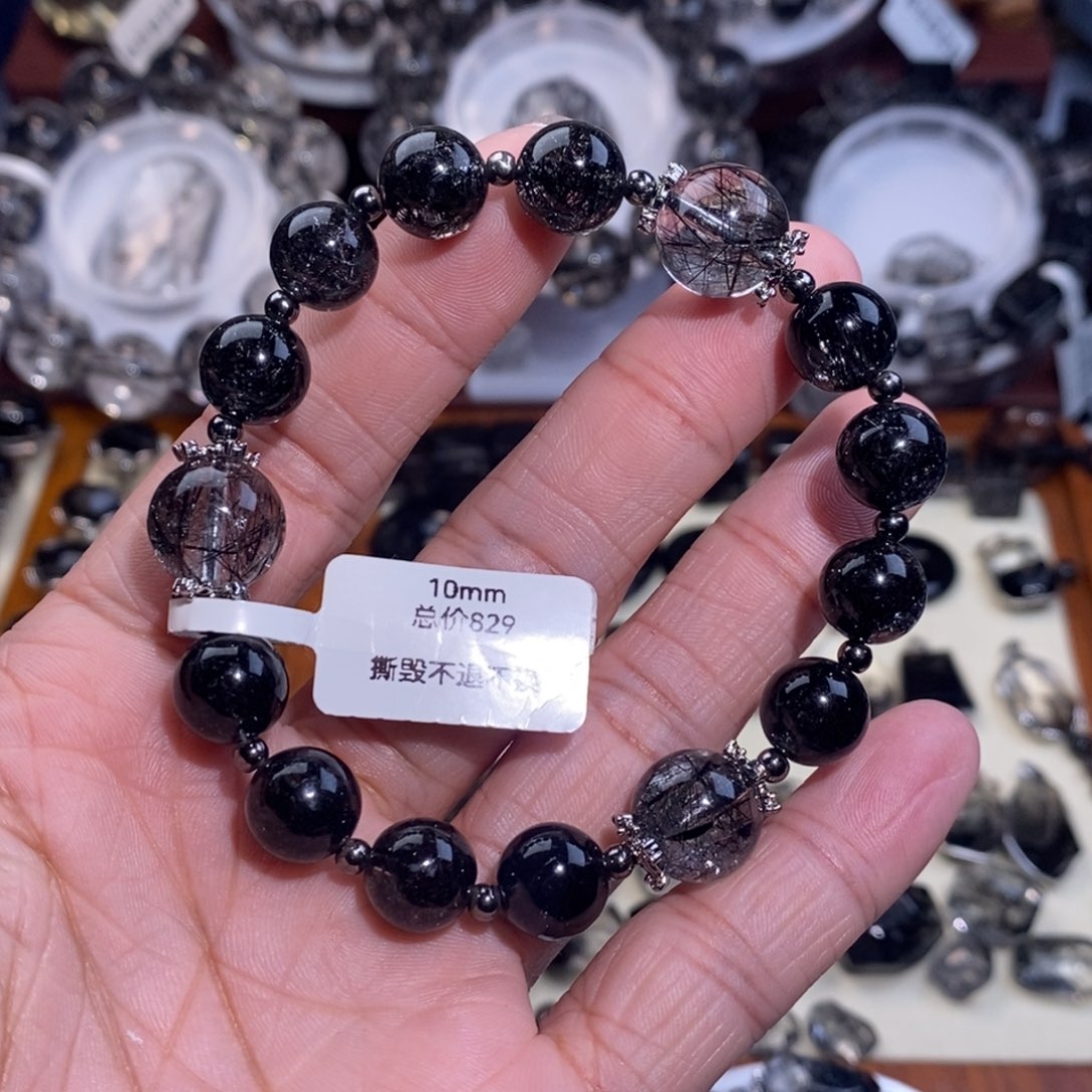 水晶手链未镶嵌黑发晶设计款10mm全透体满发蕾丝