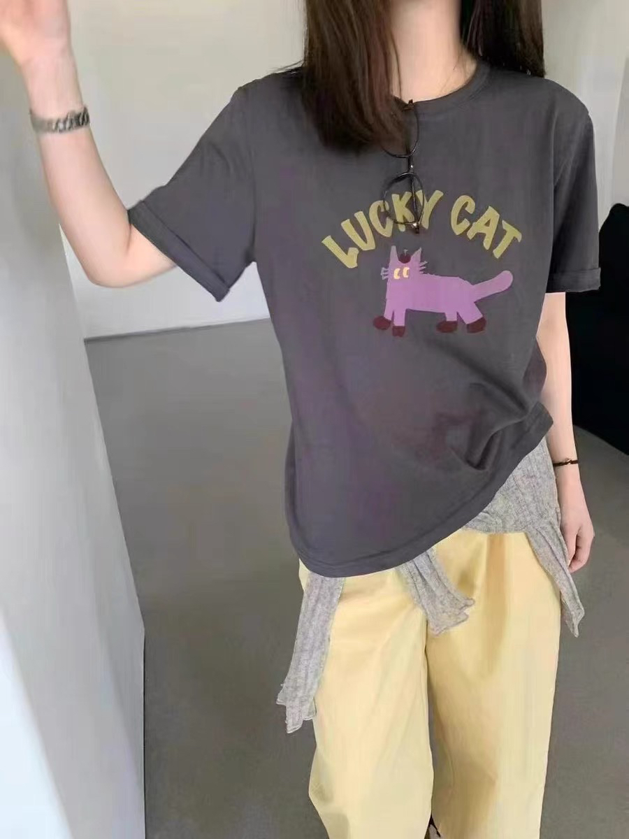 韩系简约卡通发财猫短袖T恤