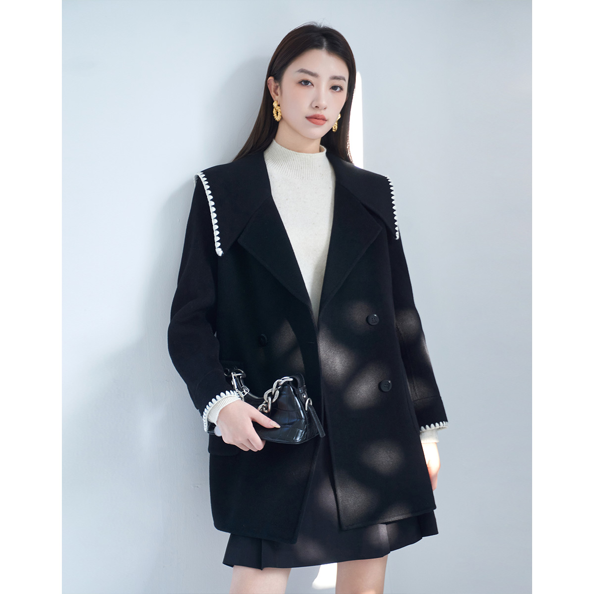 【葛深深专属】朗文斯汀气质小香风大翻领双面毛呢外套G35308868