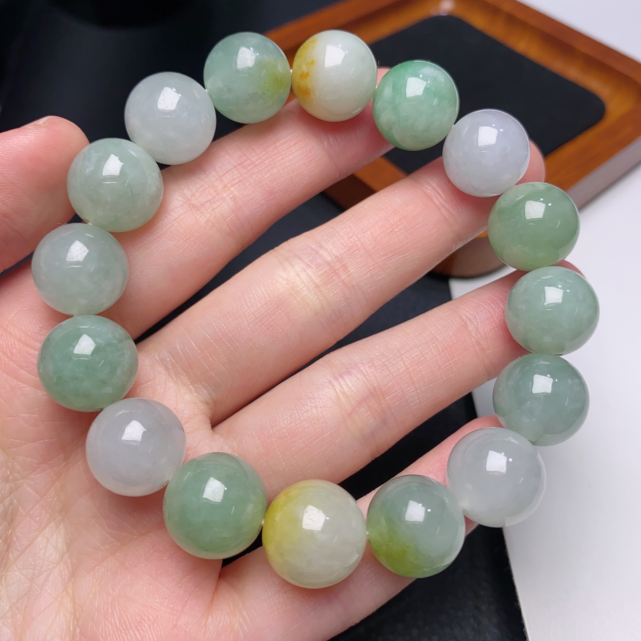 缅甸天然a货翡翠冰润大卡马卡龙多宝圆珠手链卡13mm糖果色手串珠