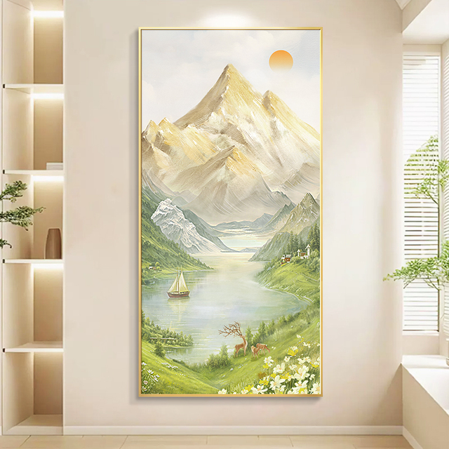 致韬日照金山轻奢高级感山水画 画入户玄关装饰画 画油布画 画风