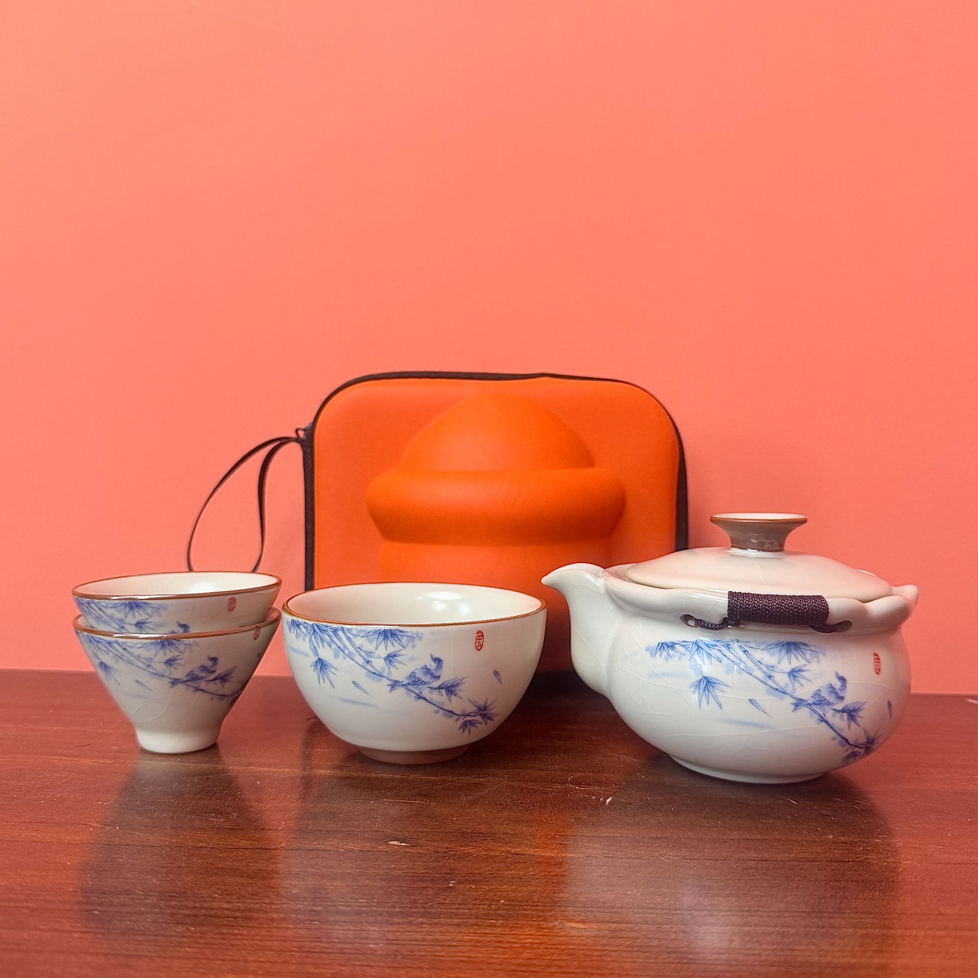 AA006顶汝喜上眉梢竹节手绘旅行茶具一壶三杯D