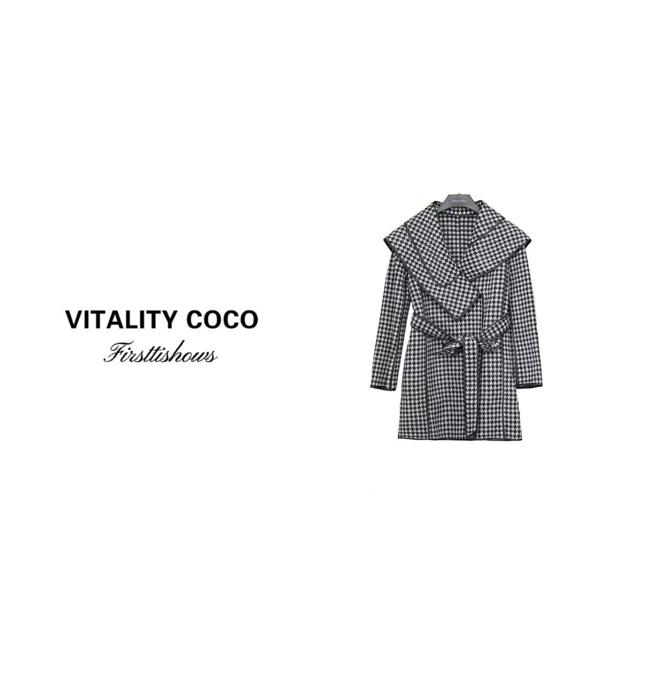 「VITALITY COCO」"千鸟格” 秋冬毛呢外套短款双面羊毛感大衣-197