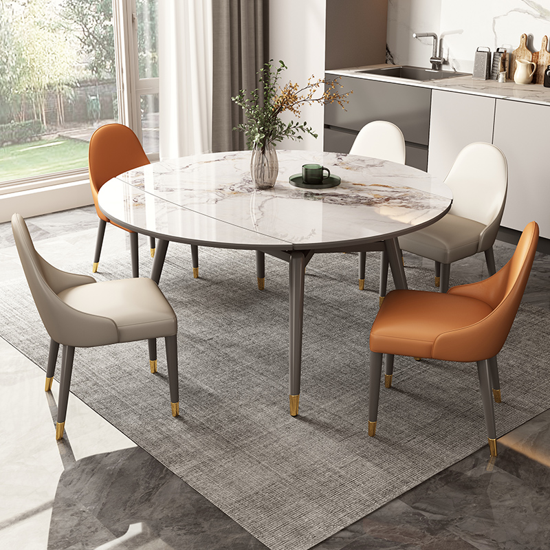岩板餐桌现代简约北欧小户型可伸缩折叠圆桌家用餐桌组合两用905