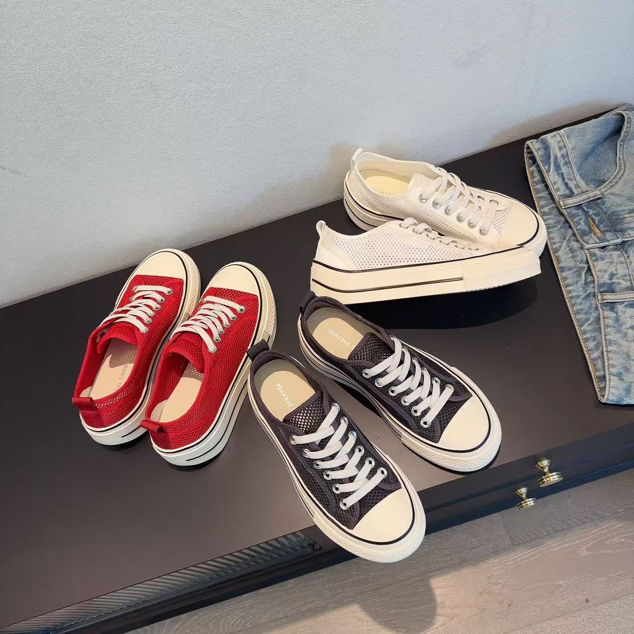 DAABAE GOOD 夏季百搭厚底透网翘尾休闲鞋低帮布鞋4CM跟高 100006