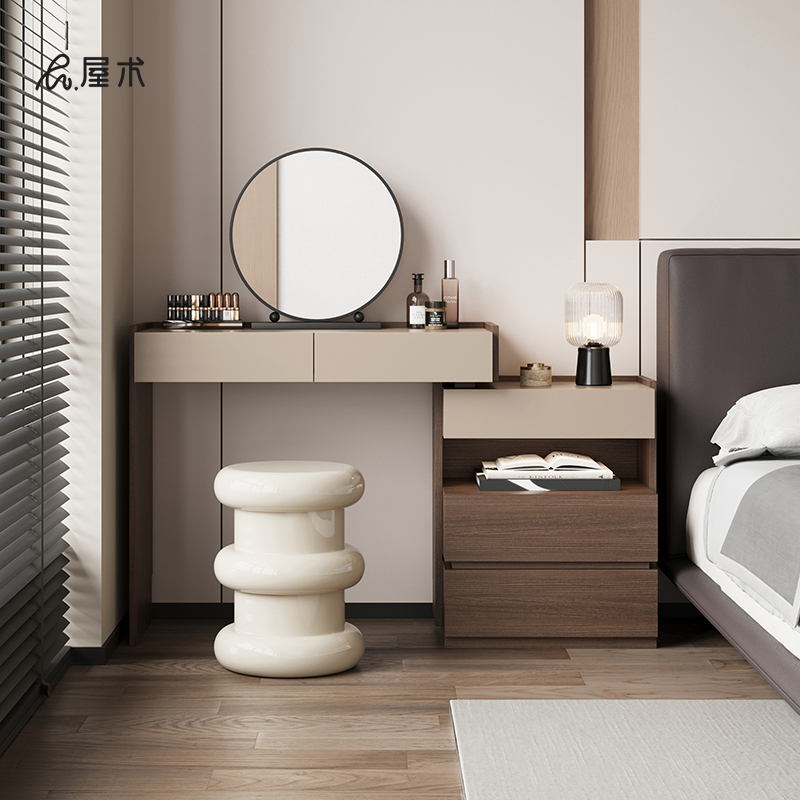 屋术实木梳妆台意式极简卧室床尾斗柜床头柜一体胡桃木伸缩化妆桌