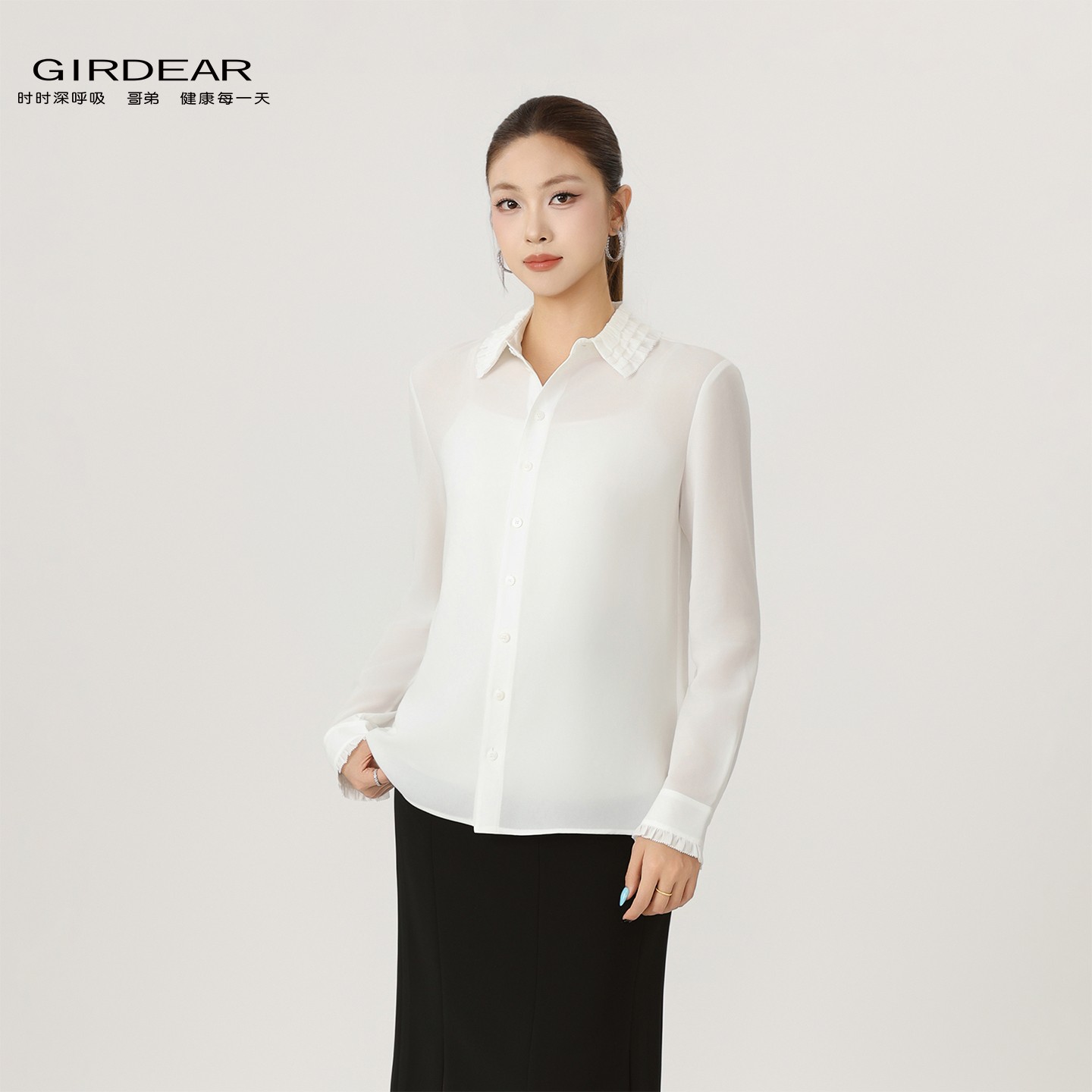 GIRDEAR/哥弟早秋法式宫廷风高质感荷叶翻领微透长袖衬衫女130126