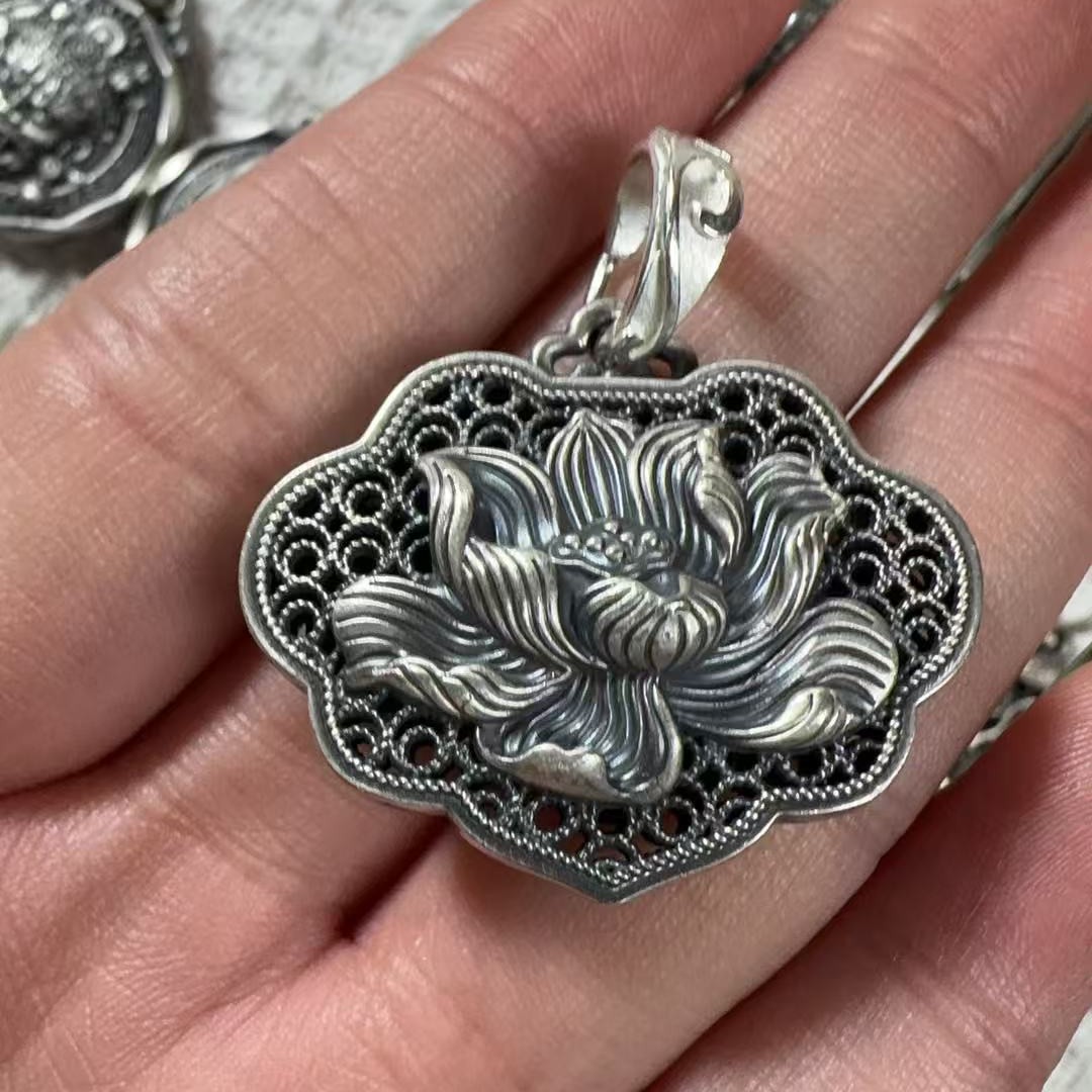 吊坠足银 纯银吊坠999足银荷花吊坠