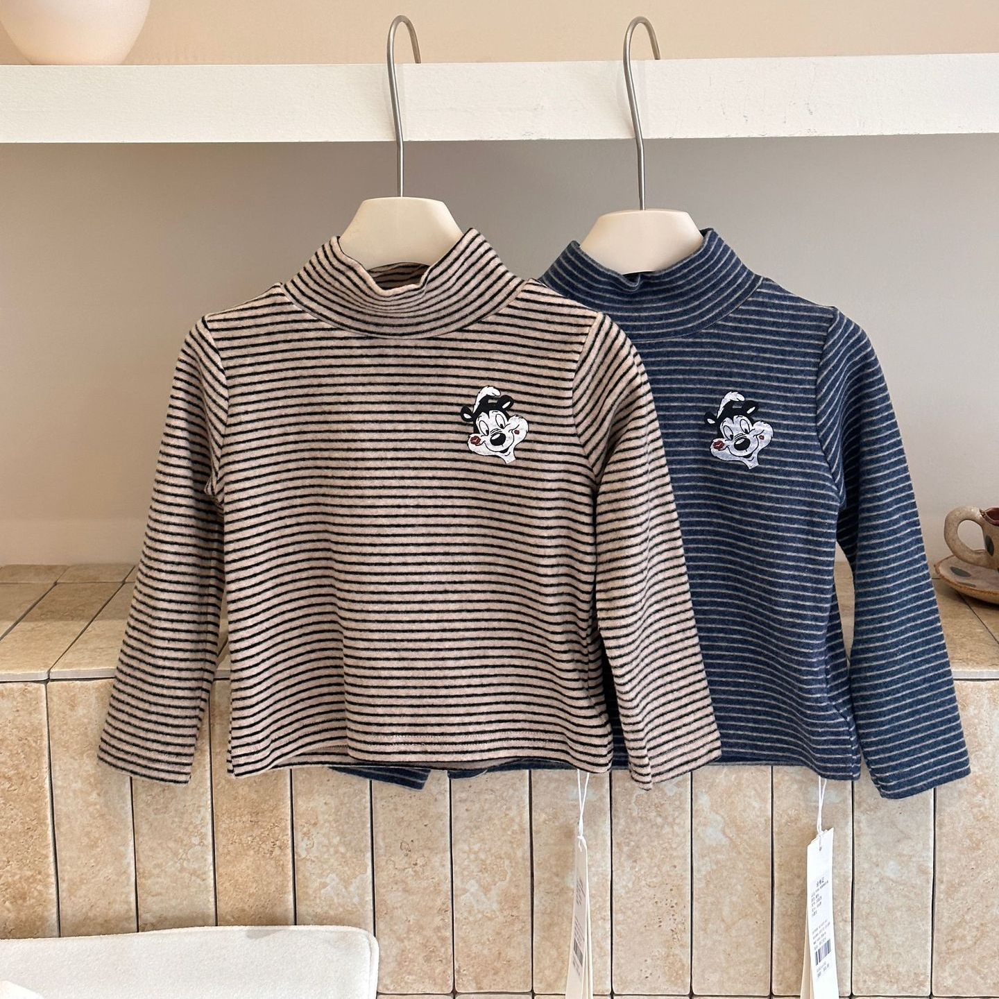 乐小悠童装女童打底衫2025冬款韩版松鼠条纹加厚打底衫保暖内搭潮