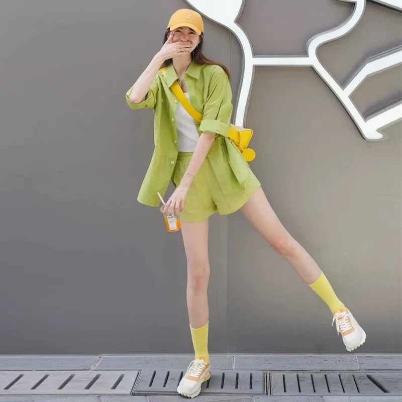 东（女装）2916 夏季多巴胺防晒长袖衬衫上衣阔腿短裤休闲套装