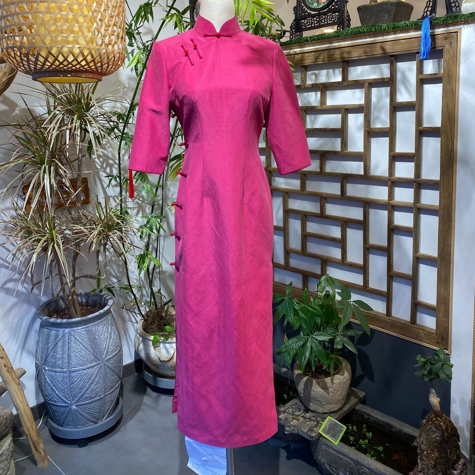 复古气质柞蚕丝七分袖长款收腰包臀旗袍