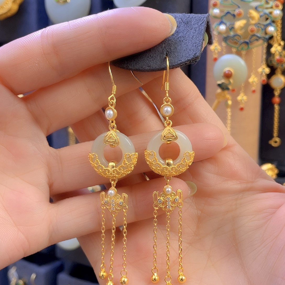 和田玉耳饰银S925镀金镶嵌