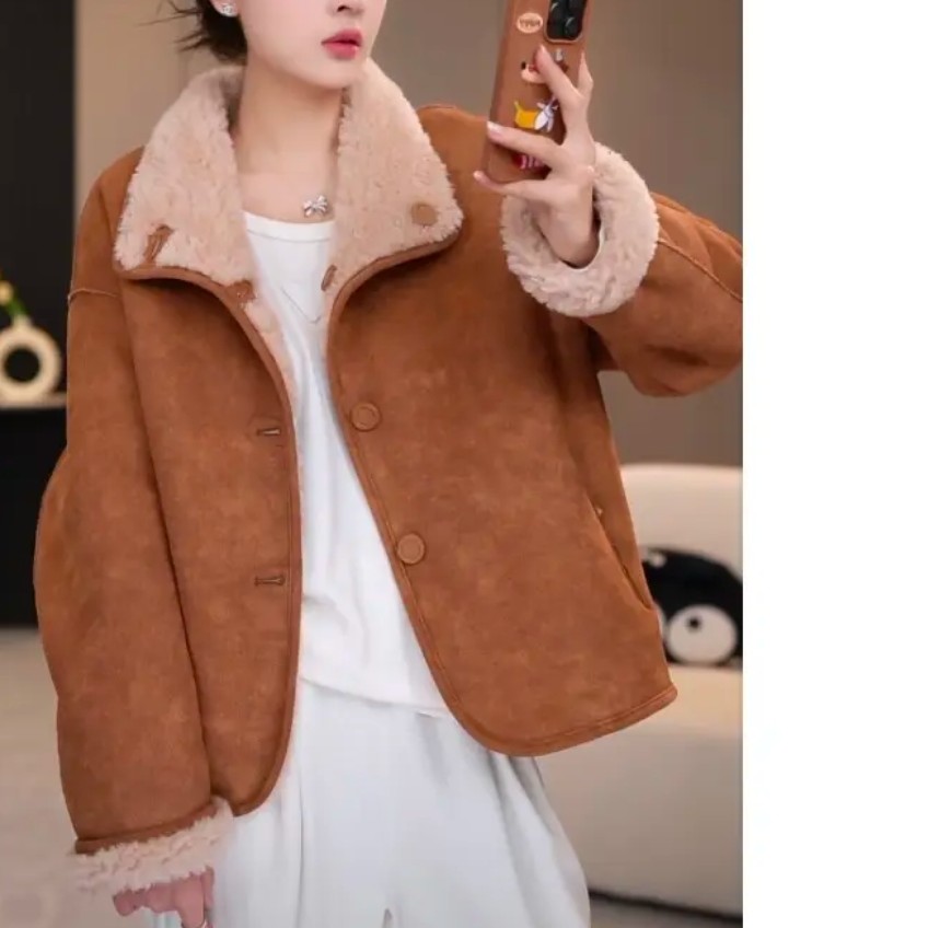 秋冬时尚翻立领正反两穿100%绵羊毛复古宽松时尚女士休闲外套2501