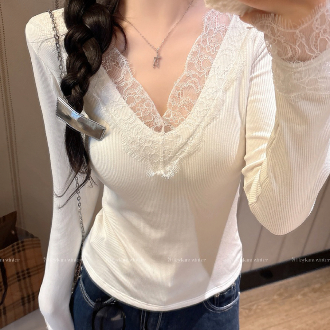 857# 原版高货V领蕾丝拼接打底衫女秋冬修身显瘦正肩长袖内搭韩版