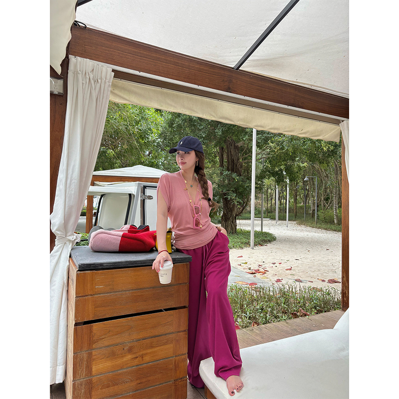 TTS【垂感百搭】火龙果色加长宽松休闲运动裤女拖地阔腿裤