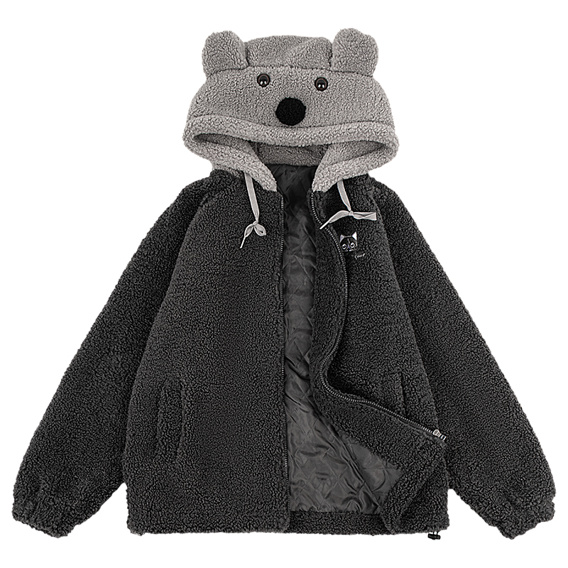 连帽ins毛绒中长款羊羔绒秋冬保暖连帽女士防寒棉服棉衣休闲时尚