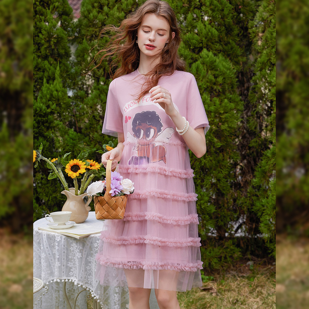 【商场同款新品】白鹿语25夏时尚卡通网纱拼接T恤裙（播）YU20140