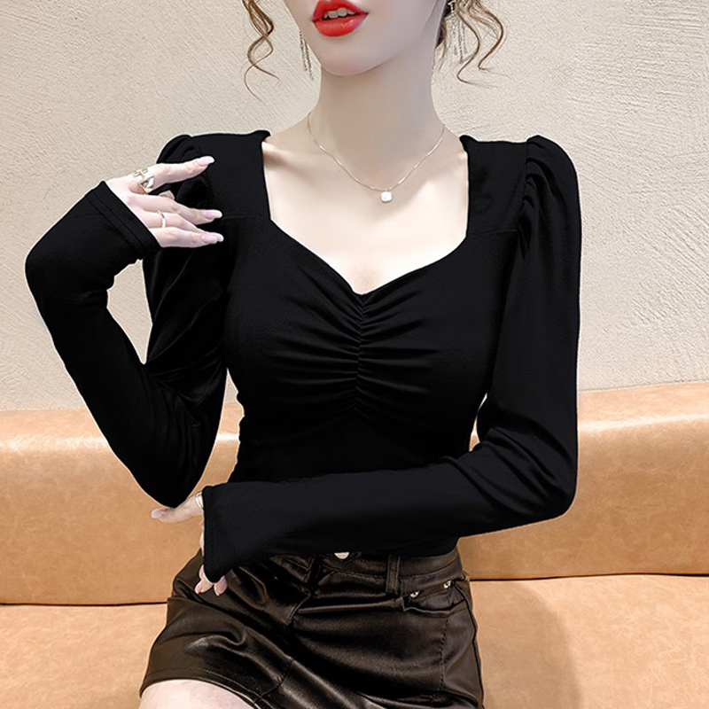 绝美别致方领上衣女法式独特辣妹性感T恤黑色打底衫加绒秋冬内搭