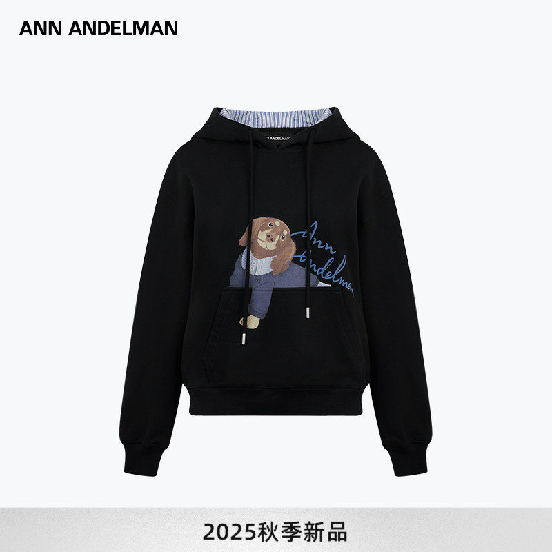 【商场同款】ANN ANDELMAN小狗印花套头连帽卫衣短款袋鼠兜上衣外套