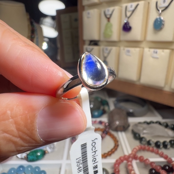 戒指银S925镶嵌拉长石天然蓝光月光石