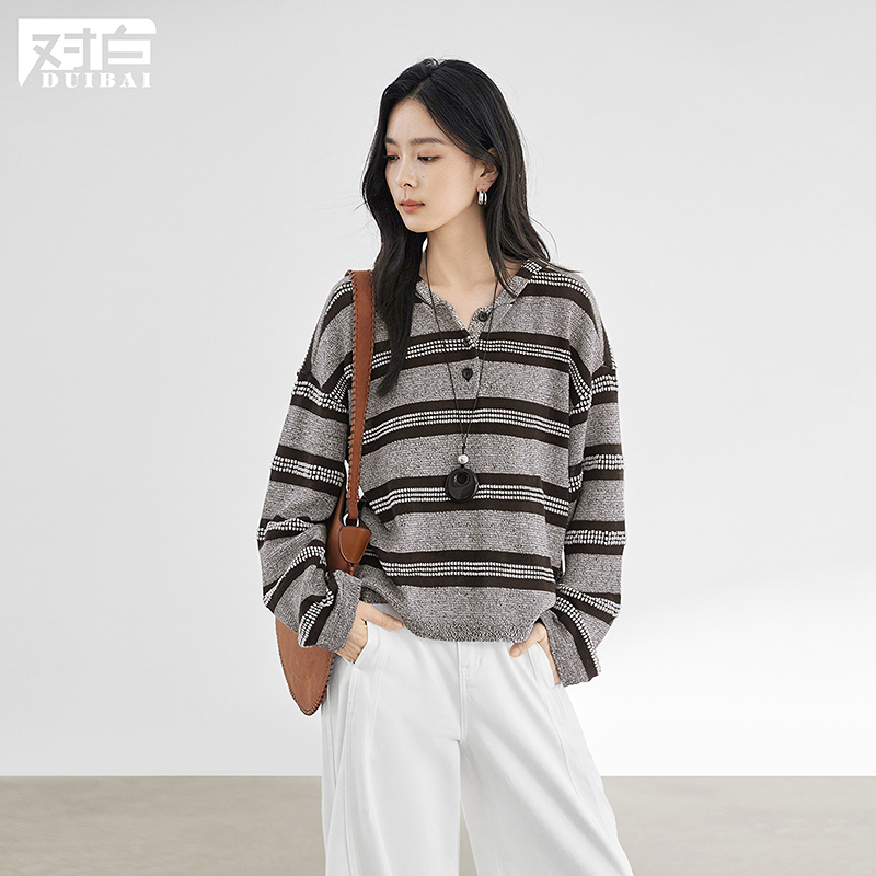 【粉丝专属】D01对白撞色条纹连帽针织衫女宽松罩衫上衣FDO069