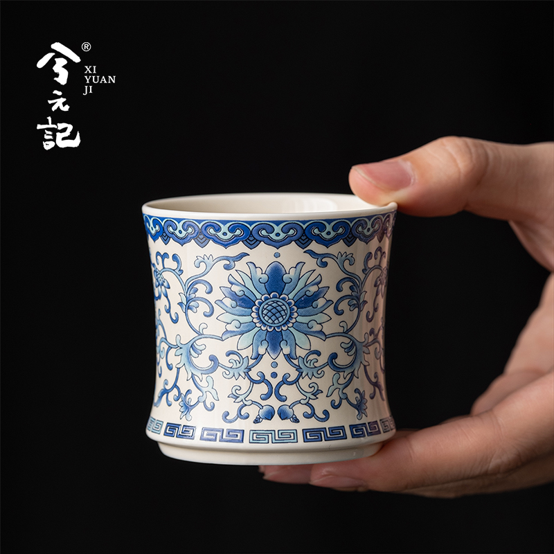 兮元记青花主人杯单杯陶瓷功夫茶杯个人专用品茗杯直筒杯茶盏杯子