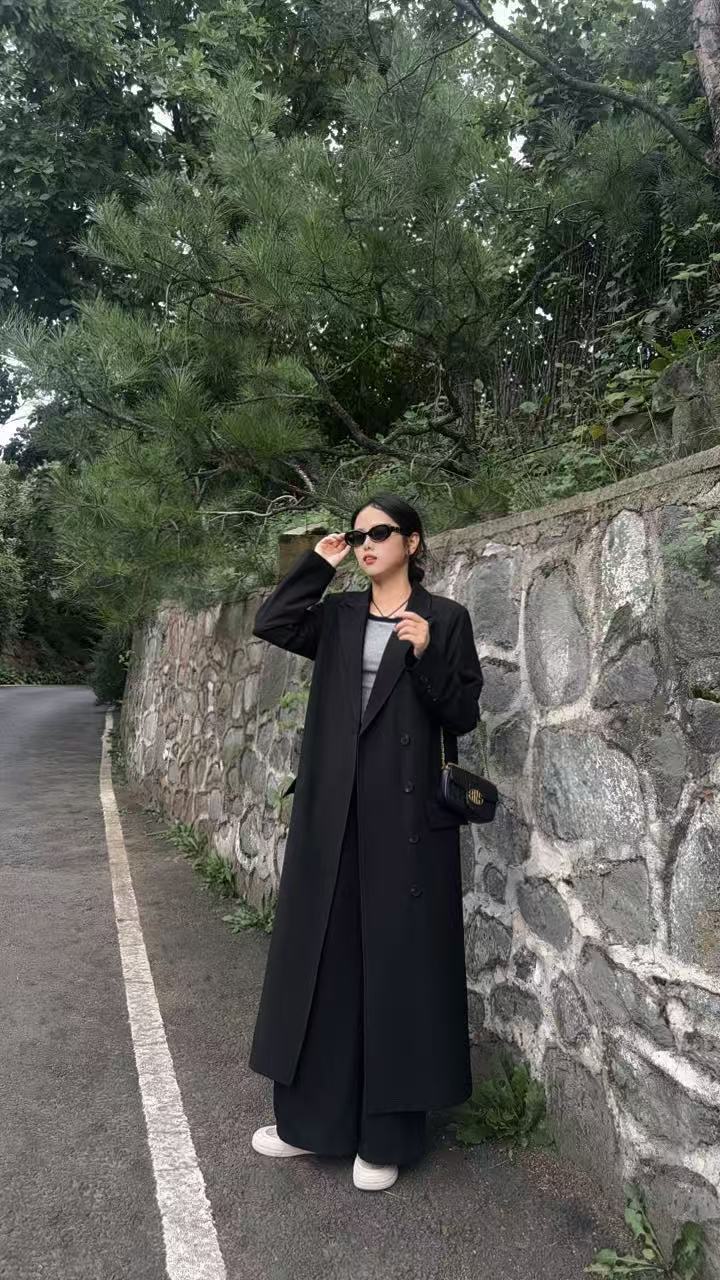 春秋网红黑色韩版超长西装大衣宽松脚踝高个子正肩高级感西服外女