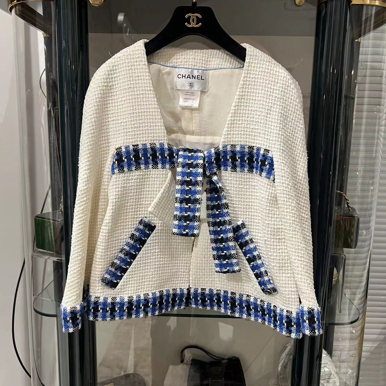 95新 Chanel/香奈儿 13S春夏风车系列白蓝色蝴蝶结两口袋外套36码