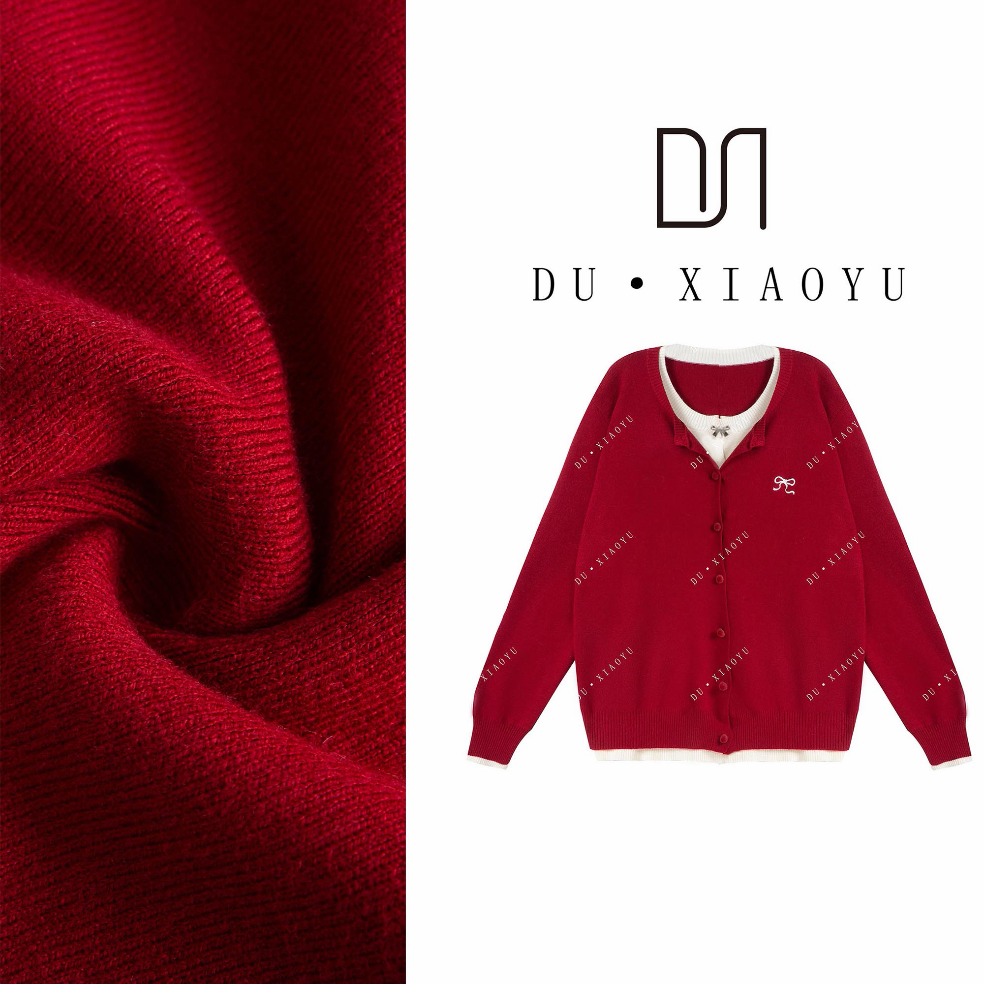 DUDU~【蝴蝶结】Y71125红色假两件毛衣外套女春款宽松针织开衫上衣