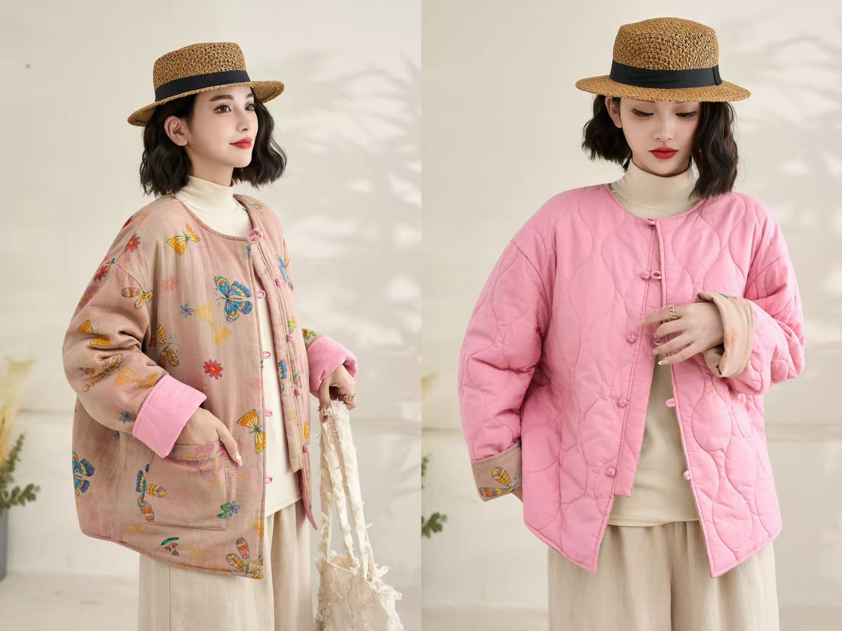 《蝶舞》新款长袖百搭圆领印花双面双穿棉服棉衣