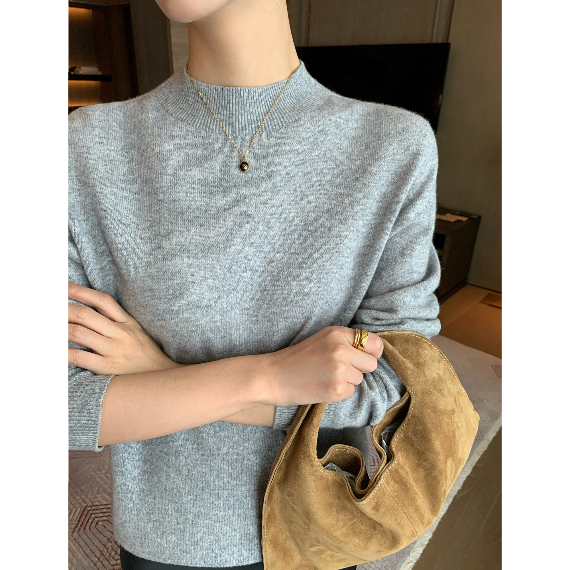 内搭减龄显瘦 2024一线成衣纯羊毛堆堆领抽条修身针织打底衫2297