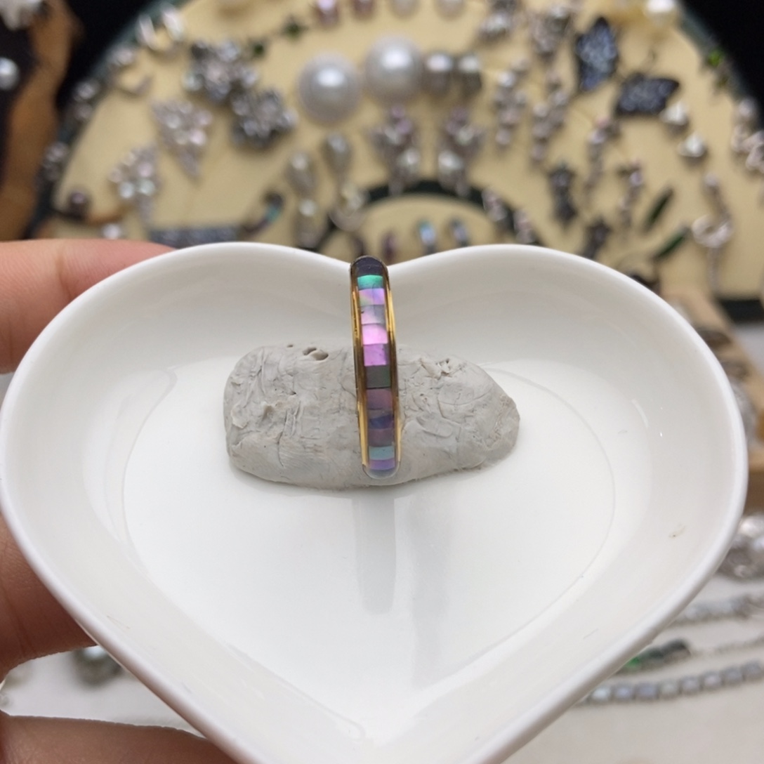 钛钢贝壳画框极光炫彩螺钿戒指