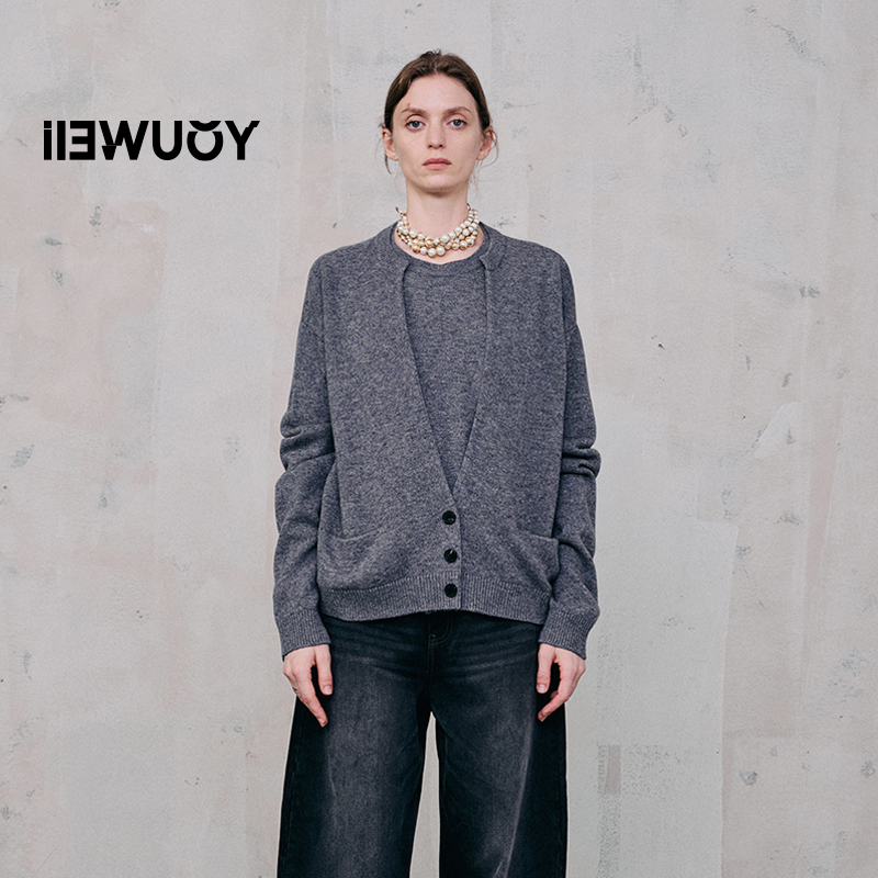 有尾YOUWEI超细绒结构假两毛衫秋冬毛衣灰色针织长袖短款时尚休闲