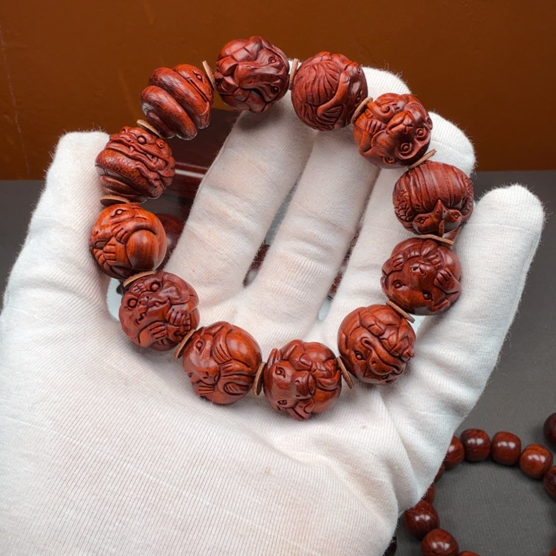 旭***…小叶紫檀手串/手链琴料泥料金星12生肖湘工石争